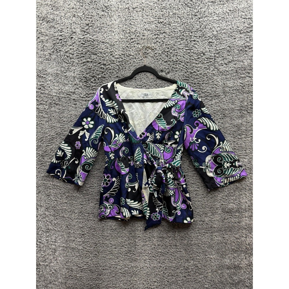 Tibi New York Floral Silk Kimono V-Neck Wrap Top Multicolor Womens Size M